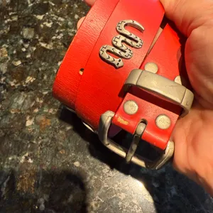 Vintage 90s Womens Silver Concho Southwestern Animals Red‎ Leather Belt 37” M thumbnail 2