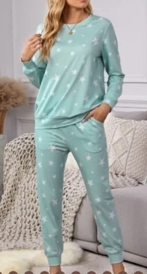 Star Print Lounge Set Mint Green Pajama Set Soft Cozy 2 Piece Boutique NEW M thumbnail 1