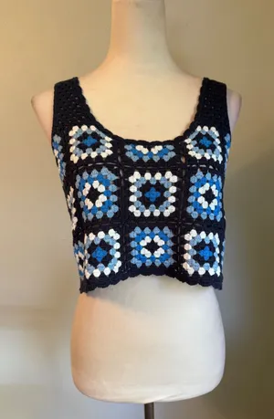 Sincerely Jules Y2K Crochet Granny Square Crop Top Navy Blue White boho small boho whimsigoth re thumbnail 1