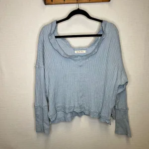 We The Free Free People Light Blue Waffle Knit‎ Slouchy Thermal Top Medium thumbnail 2