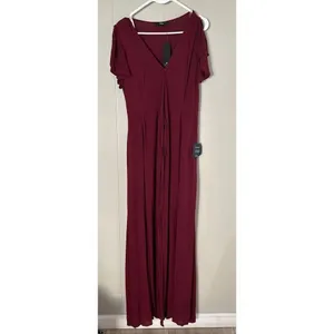Lulus Burgundy Wide-Leg Jumpsuit NWT | Women’s Small | Flutter Sleeve Deep V thumbnail 3