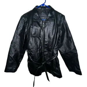 VTG Outbrook Womens Black Genuine Leather Zipper Lined‎ Belted Waist Jacket Sz L thumbnail 1