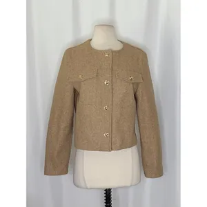 ZARA Cropped Jacket Light Brown Tan Gold Hammered Snaps Preppy Chic Small thumbnail 2