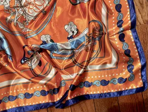 Vintage Equestrian HORSE&CARRIAGE print orange/blue oversized silky Scarf 35/35 thumbnail 8