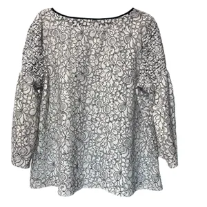 Loft Top Lace Mesh Boho Goth Formal Black White Floral Smocked Wide Sleeve SZ XL thumbnail 6