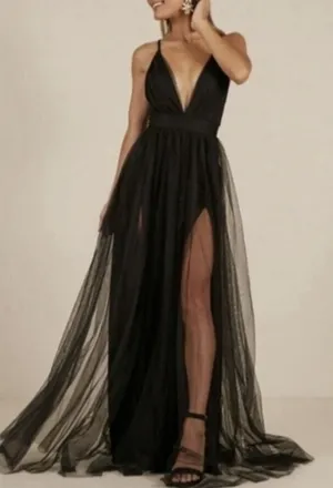 Black Tulle Maxi Dress Plunge Halter Open Back Slit Prom Evening Luxxel S NWT thumbnail 1