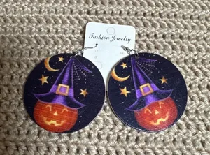 Handmade Halloween Jack-O-Lantern Witch Hat Wood Drop Earrings Purple Orange Black Star thumbnail 1