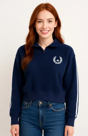 Women's PINK Victoria's Secret Navy Blue Cropped Sweatshirt M thumbnail 1