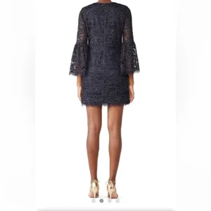 Dress The Population‎ Navy Gold Metallic Lace Bell Sleeve Mini Dress Size L thumbnail 3