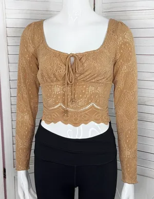 Kirious Boho Embroidered‎ Eyelet Tie Neck Long Sleeve Crop Top Tan XS thumbnail 1