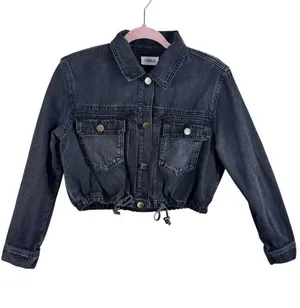 Mono B Cropped‎ Denim Jacket Black Washed Button Front Edgy Biker Streetwear S thumbnail 1