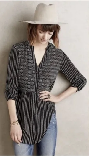 Anthropologie Maeve Size-8‎ Tunic Top Calia Black Geometric Stripe Buttondown thumbnail 1