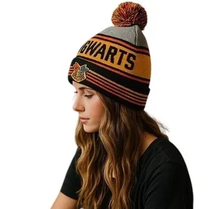 Harry Potter Hogwarts Crest Logo Spell Out Knit Cuff Pom Beanie Hat Cap thumbnail 2