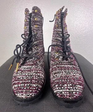 Tory Burch Miller Tweed Combat‎ Boots Purple White Leather Lug Sole 8M thumbnail 1