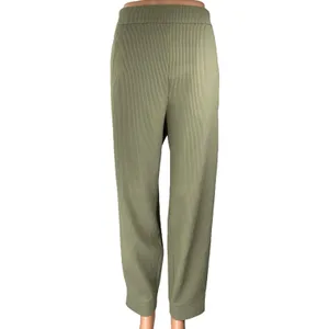Zara Women's Green Rib Knit High Waist Wide Leg Side Zip Ankle Trousers Pants L thumbnail 2