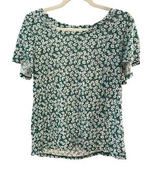Adorable Lucky Brand women’s casual green white‎ floral tee shirt sz M thumbnail 1