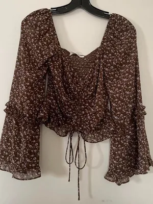 Altar'd State Cottagecore Floral Top Womens XS Brown Ruched Tie Front Bell Sleeves Feminine thumbnail 1