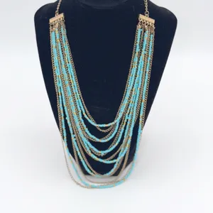 Turquoise Blue Seed Bead Layered Multi Strand Necklace Gold Tone Boho Statement thumbnail 2