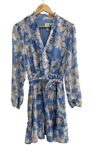 Joie‎ Blue Floral Chiffon Ruffle V-Neck Mini Dress Long Sleeve Large Coquette thumbnail 1