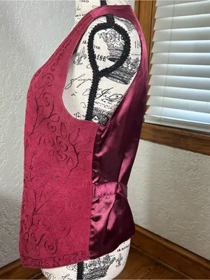VTG 80’s 90’s Jane Ashley Burgundy Leather Satin Snap Front Vest BOHO Size S thumbnail 2