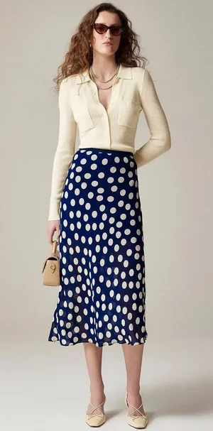J.Crew New Gwyneth Midi Slip Skirt S Navy White Polka Dot Viscose Chiffon CI644 thumbnail 1