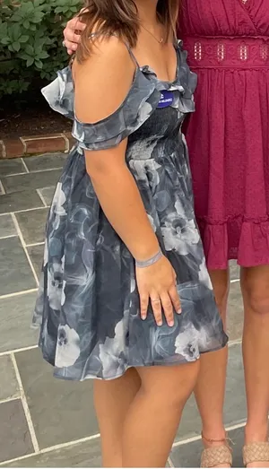 Woven Pink Blue Floral Off the Shoulder Mini Dress thumbnail 7