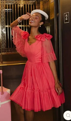 Ivy City Co Serine Dress Women’s Size Small Pink Ruffle Tiered Bows Sweetheart thumbnail 1