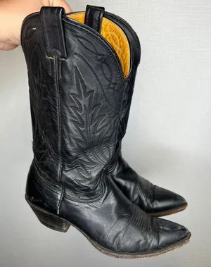 Nocona Boots Black Leather Western Cowboy Boots Pointed Toe Made in USA 7 C thumbnail 1