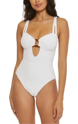 Becca Modern Edge Cutout Ribbed One-Piece Swimsuit Large thumbnail 1