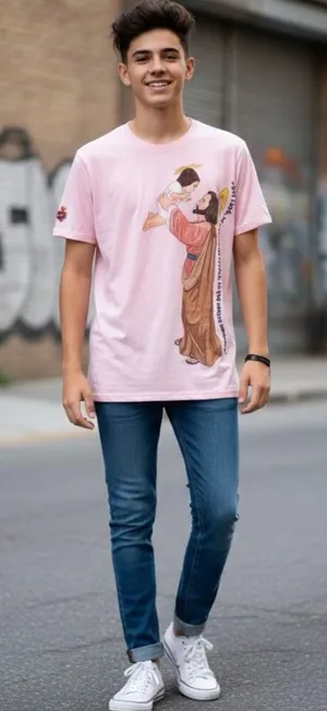 Viste Ruah St Joseph Pink Graphic T-Shirt Size L San Jose Religious Tee #047 thumbnail 1