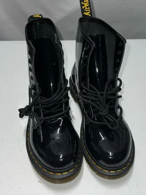 Dr. Martens Black Patent‎ Lace-Up 8-Eye Boots with Yellow Stitching thumbnail 2
