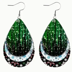 Set of 2 Christmas Teardrop Reversible PU Leather Hook Earrings C5, New! thumbnail 1