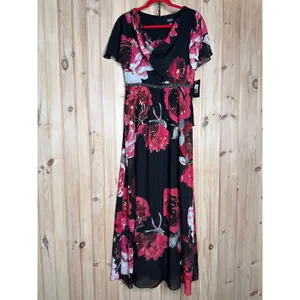 NWT SLNY Cowl Neck Floral Maxi Dress Black Red Floral Flutter Sleeve Size 6 thumbnail 5