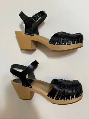 Swedish Hasbeens Black Leather Braided Heeled Clog Ankle Strap Sandal Size 7 thumbnail 1