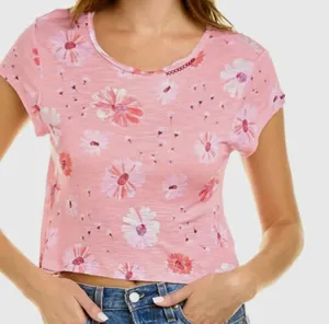 LoveShackFancy Rubbin Cropped Tee Coral Floral Knit Viscose T-Shirt Pink Size S thumbnail 1