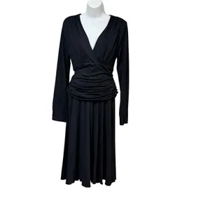 Lapis Women Black Ruched Wrap V-Neck Long Sleeve Pleated Midi Dress Size M 382L thumbnail 2