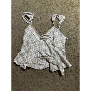 Kirious Los Angeles Plaid Peplum Cami Top Tan‎ Cream Smocked Back Size M thumbnail 2