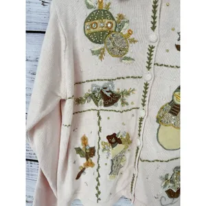 Vintage Ugly Christmas Sweater Women's‎ XL Pink Winter Holiday Beaded Cardigan thumbnail 3