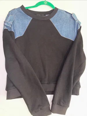 Endless Rose Crew Neck Sweatshirt Blue Denim Shoulder Panels Black Cotton Body thumbnail 5