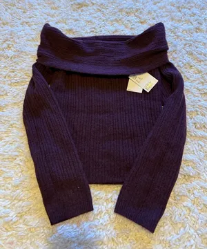 H&M Dark Purple Off-Shoulder Ribbed Women’s Sweater thumbnail 1