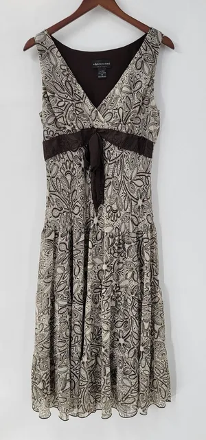 Connected Apparel Womens Dress 12 Brown Floral Sleeveless Drop Waist Midi Flowy‎ thumbnail 1