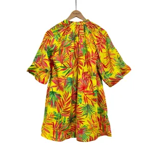 Magaschoni‎ Yellow Tropical Linen Tunic Dress V-Neck Short Sleeve XS Pockets thumbnail 2