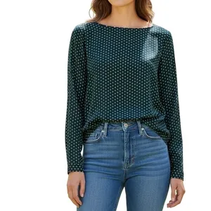 LOFT Blouse Women XS Navy Blue‎ Teal Polka Dot Roll Tab Sleeve Pocket Scoop Neck thumbnail 2