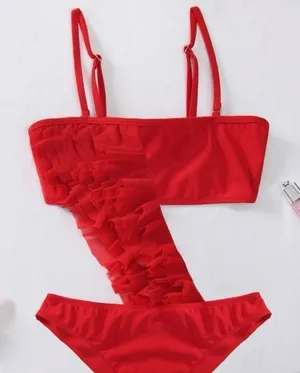 Red Ruffle One Shoulder Bikini Set Women’s Size L Swimwear thumbnail 1