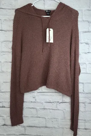 NWT Billabong Hot Beachin Cropped Hooded Knit Sweater Mauve Brown M slouchy fall thumbnail 1