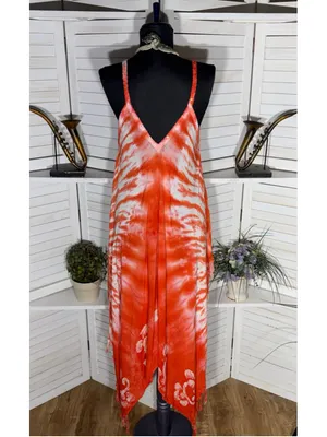 Vintage gauze cotton boho dress tie dye asymmetrical beach cover up fringes S M thumbnail 2