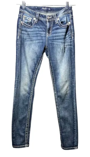 Miss Me Mid Rise Skinny Jeans Angel Wing Embellished Blue 26 x 30 Flap Pockets thumbnail 1
