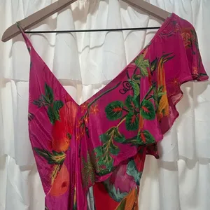 Farm Rio Midi Dress Sm Tropical Ruffle Asymmetric Boho Botanical Anthropologie thumbnail 5