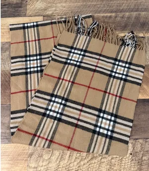 100% Cashmere Plaid Tan Brown Scarf 72" Fringe Preppy thumbnail 1