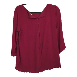 Maeve Anthropologie Blouse Womens 10 Burgundy Swiss Dot Scallop Hem 3/4 Sleeve thumbnail 2